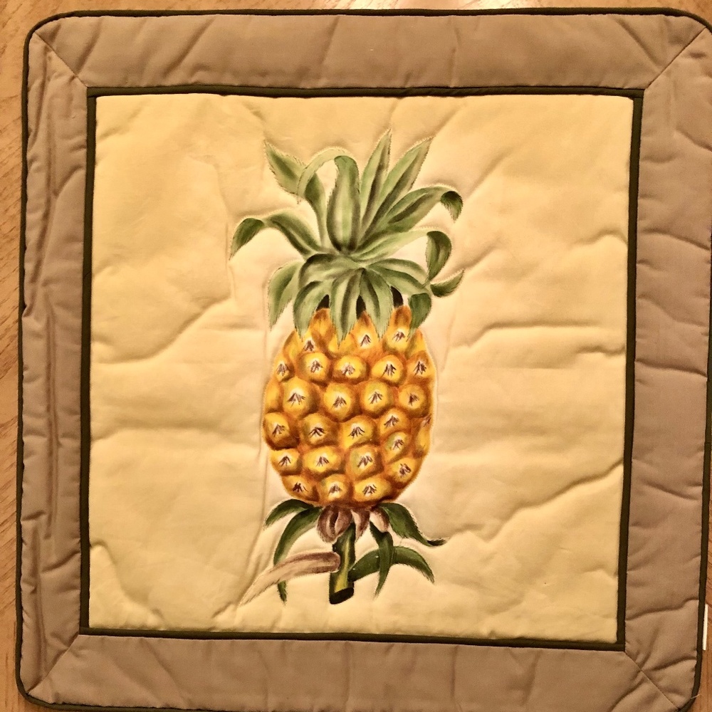 Designer Pillow Covers Hand Painted, Pineapple, Quilted Front, NEW!! Set of 2